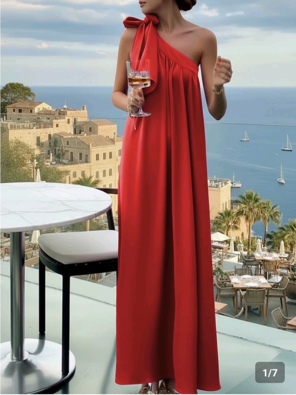 SHEIN Red One-Shoulder Maxi Dress with Bow Strap